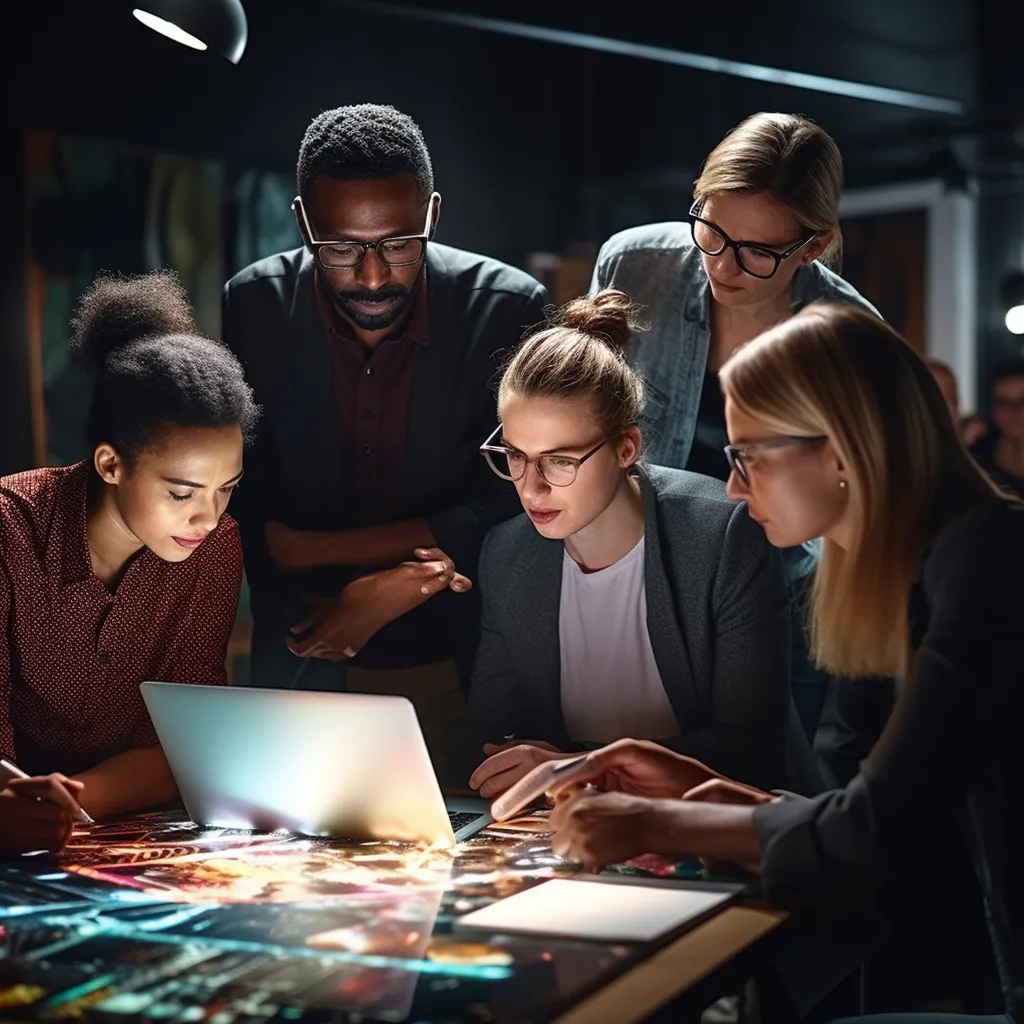 A group of diverse professionals collaborating on a digital project, photo